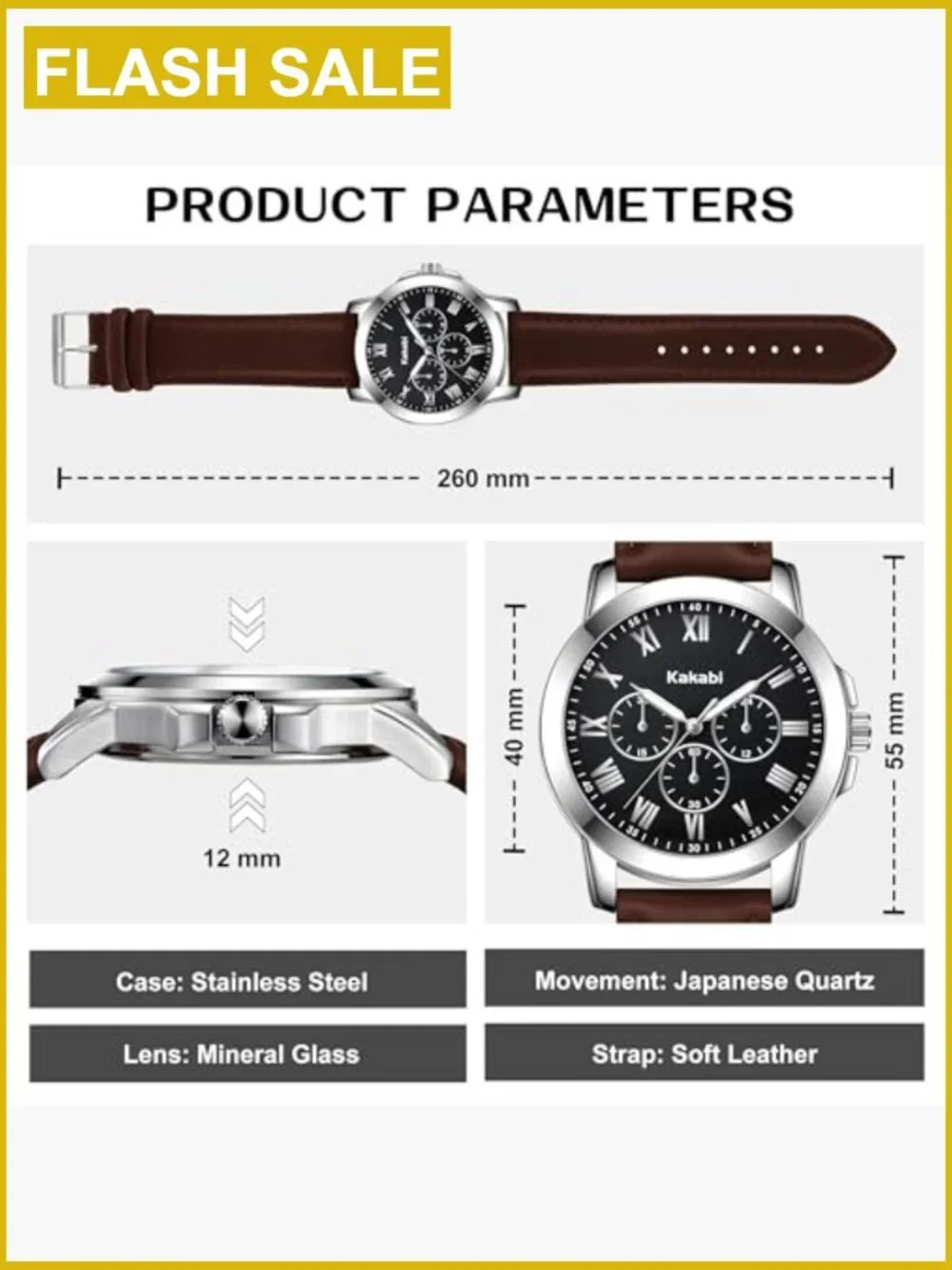 Men's Classic Leather Roman Numeral Quartz Dress Watch - Luminous Hands, 3ATM